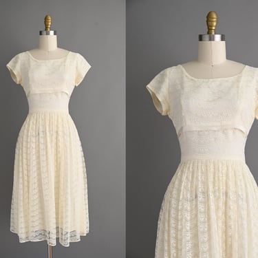 vintage 1950s Dress | Ivory Lace Short Sleeve Bridesmaid Party Prom Dress | Small 