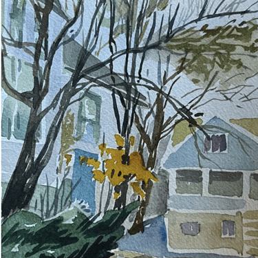 Susan Greenstein | &quot;Yellow Leaves with Blue House,&quot; Framed