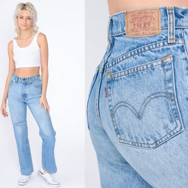 Levis 607 Jeans 90s Bootcut Jeans High Waisted Rise Boot Cut Straight Leg Denim Pants Ripped Blue Levi Strauss Vintage 1990s Small S 27 