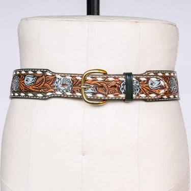 1970s Belt Western Floral Tooled Leather Monogram Luci Brazos 