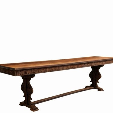 Monumental Antique Italian Neo-Renaissance Hand-Carved Walnut Trestle Refectory Dining Table 