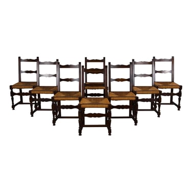 Antique Country French Walnut Ladder Back Rush Seats Dining Chairs - Set of 8 