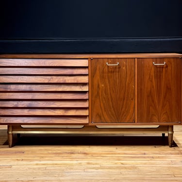American of Martinsville Dania Six Drawer Walnut Lowboy Dresser by Merton Gershun - Mid Century Modern Credenza Sideboard Console Table 