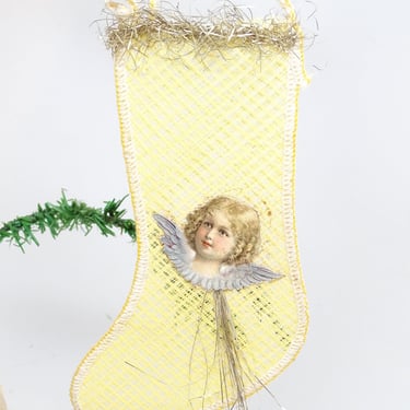 Antique Victorian Mesh Christmas Stocking with Angel and Tinsel Candy Container Ornament 