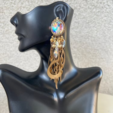Vintage 80s new wave cluster dangle earrings pierced rhinestone copper tone size 3 3/4” 