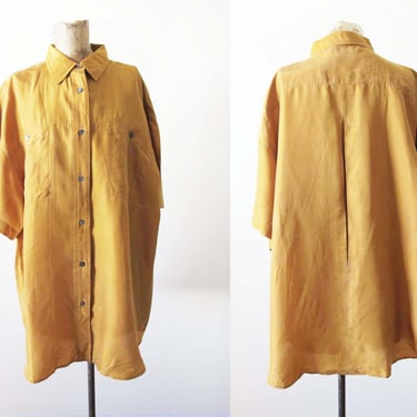 Vintage 90s Silk Mustard Brown Shirt L - 1990s Oversized Silk Short Sleeve Button Up - Earth Tone Silk Blouse - 90s Clothing - Baggy 