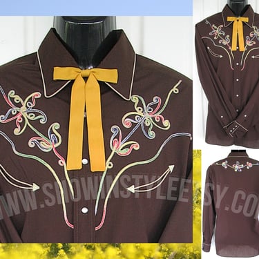 Vintage Western Men's Cowboy and Rodeo Shirt by Kennington Rocking K Embroidered Multi-Color Floral Designs, Size XLarge (see meas. photo) 