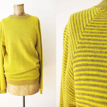 Vintage 60s Striped Raglan Sweatshirt Yellow Brown M - 1960s Surfy Crewneck Pullover Jumper Creslan Rayon 