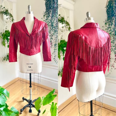 Vintage 1980s 1990s Leather Jacket | 80s 90s Fringed Red Genuine Leather Cropped Western Coat | x-large 