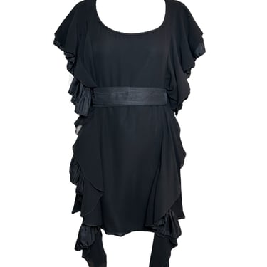 Robert Normand Early 2000s Avant-Garde Ruffle Black Dress w/ Belt