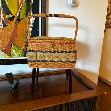 Mid Century 60s / 70s Tapered Leg Wicker Sewing Basket 