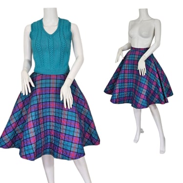 Alex Coleman 1950's Blue Purple Plaid Quilted Circle Skirt I Sz Sm I W: 24" 
