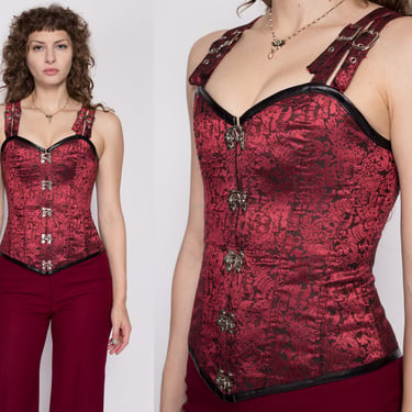 Sm-Med Red Satin Jacquard Corset Bustier | Vintage Y2K Gothic Lace Up Tank Top 