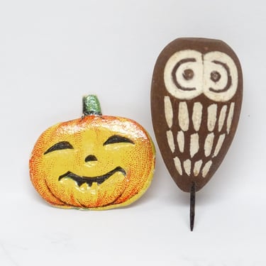 Antique Small German Halloween Die Cut Embossed Jack-o-lantern & Hand Carved Owl, Vintage 