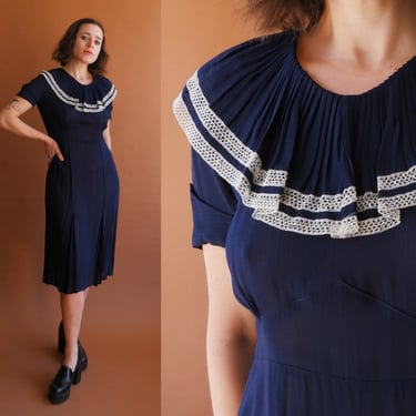 Vintage 40s Navy Sheer Ruffle Collar Dress/ Size Small 