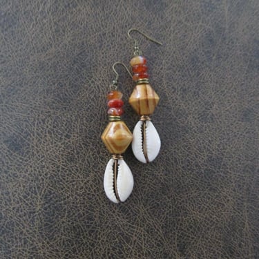 Chunky wood and cowrie shell earrings, orange agate 