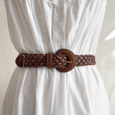 braided leather belt 90s vintage brown woven leather belt 