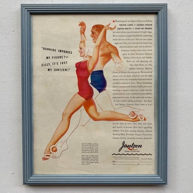 1939 Jantzen Swim Suit Advertisement, Fabulous Graphics, Leaping 30's Swimsuit Models, Red And Blue Swimming Suits, Man And Woman 