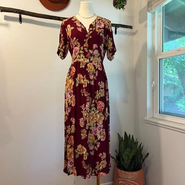 Vintage 90s April Cornell Maroon Floral Button Detailed India Made Dress Size Small 