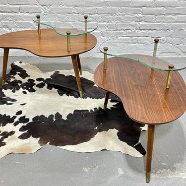 Mid Century Modern Two-Tier GLASS + Walnut END TABLES, c. 1960’s 