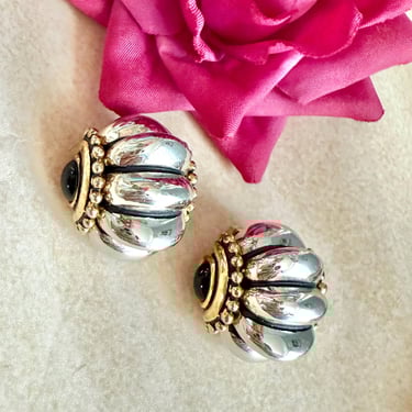 Vintage Statement Earrings, Domed Design, Cabochons, Silver Tone, Gold Tone, Clip On, Vintage 90s 00s Y2K 