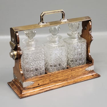 Antique Circa 1900 English Three Bottle Cut Crystal and Oak Tantalus