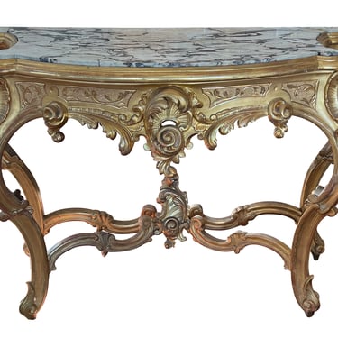French Rococo Revival Giltwood Console Table with Marble Top