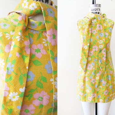 Vintage 60s Mod Floral Micro Mini Dress XS Petite - 1960s Yellow Pink Tie Neck Sleeveless Twiggy Cotton Shift Dress 