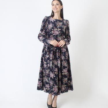 Laura Ashley Designer Dress, All Over Floral Corduroy Print, Vintage 80s Cord Garden Midi, Size US 10 UK 12 