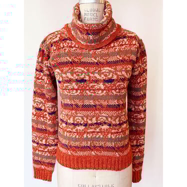 Vintage 1980s Chenille Patterned Cowl Neck Sweater Fall Colors/ 80s Turtleneck 