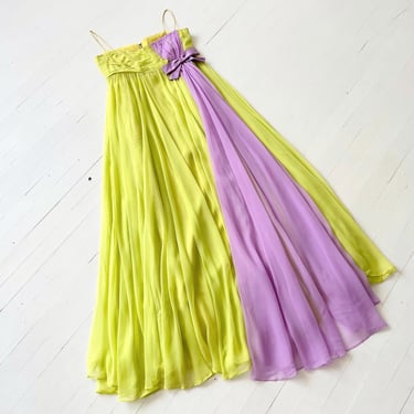 1960s Chartreuse Green and Purple Chiffon Empire Waist Gown 