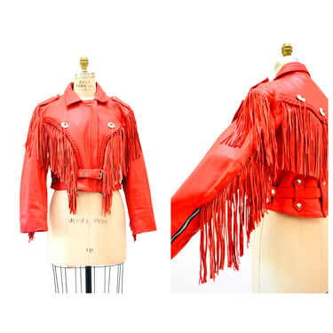 80s 90s Vintage Red Leather Motorcycle Jacket with Fringe Medium // Vintage Red Leather Jacket Biker Western Rocker Jacket Fringe Medium 