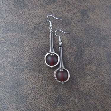 Mid century modern earrings red frosted glass and gunmetal earrings 