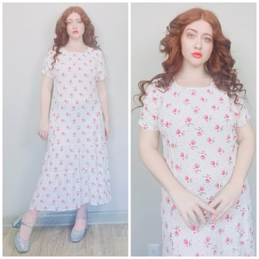 1990s Vintage Cream and Pink Rayon Drop Waist Dress / 90s / Nineties Cottage Core Floral Day Dress / Large - XL 
