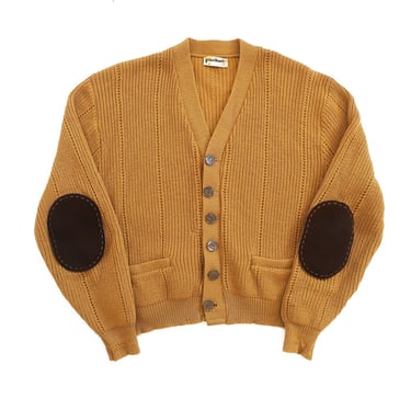 mustard cardigan / grandpa cardigan / 1950s Puritan mustard wool knit elbow patch cardigan Large 