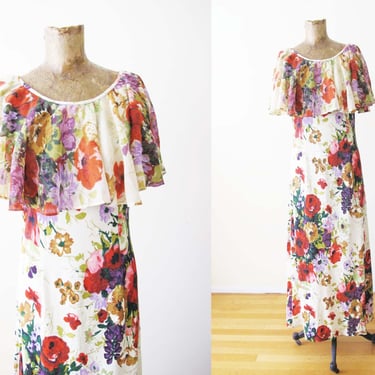 70s Floral Maxi Dress S M - Vintage 1970s Colorful Bohemian Spring Sundress - Flutter Bib Women Romantic Garden Party Long Dress 