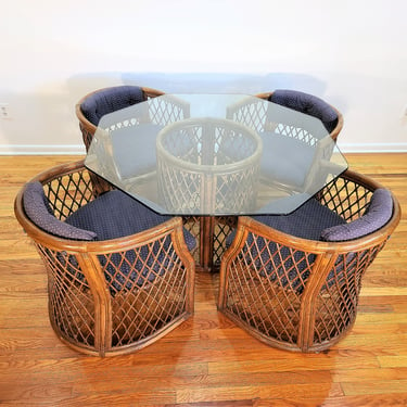 Mid Century Lattice Rattan Dinette Set with Four Chairs and Table 