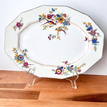 Vintage Jewel Colored Floral and Bird Platter. 1930s Limoges Birds of Paradise Porcelain Serving Platter. 