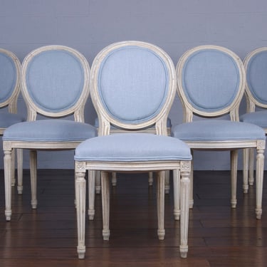 Antique French Louis XVI Style Painted Dining Chairs W/ Light Blue Fabric - Set of 6 
