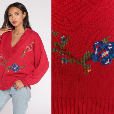 Embroidered Floral Sweater 90s Red Cross Stitch Knit Sweater V Neck Boho Sweater 80s Pullover Vintage Acrylic Oversized Medium 