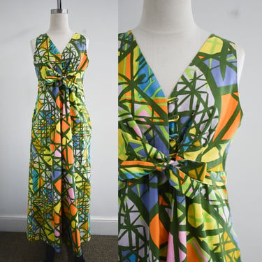 1960s Abstract Print Cotton Wide Leg Jumpsuit 