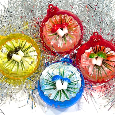 VINTAGE: 4 Metallic Plastic Diorama Ornaments - Christmas Decor - Ornament - SKU Tub-603-00033606 