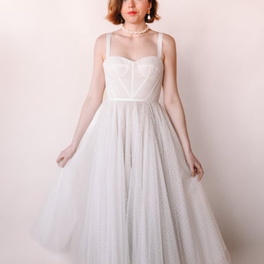 Contemporary Pearl Skirt Bustier Wedding Dress, sz. S
