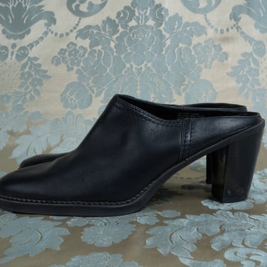 Vintage 90s Cherokee Black Leather Mules with Stacked Heels 8M 