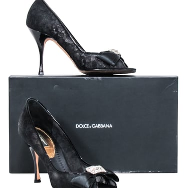 Dolce & Gabbana - Black Lace Open Peep Toe Pumps w/ Bow Detail 6.5