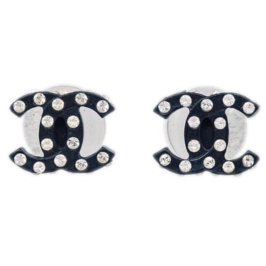 Chanel CC Piercing Earrings Silver Black Rhinestone 04A