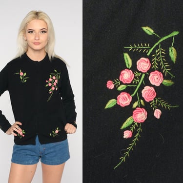 60s Floral Cardigan Black Embroidered Rose Sweater Button Up Wool Grandma Sweater Retro Rosettes Boho Hippie Knitwear Vintage 1960s Small S 