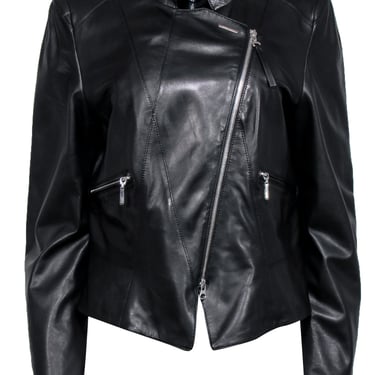 Escada Sport - Black Collarless Leather Moto Jacket Sz 12