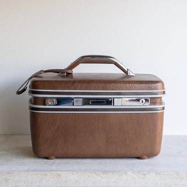 Vintage 70s Samsonite Silhouette Beauty Train Case Cosmetics Case Retro Luggage Brown Hard sided Case with locks faux leather makeup case 