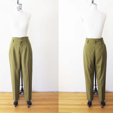 Vintage 90s Paperbag Waist Pants S M  28 - Olive Green Womens High Waist Pleated Trousers - Preppy Academia Style 